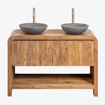 Vacry Houten Badkamermeubelset Acacia Bruin & 2 X Ronde Grijze Cement Ø40 Cm Tarsis & Spiegelloze & 2 X Goud ↑30 Cm Met - Sklum