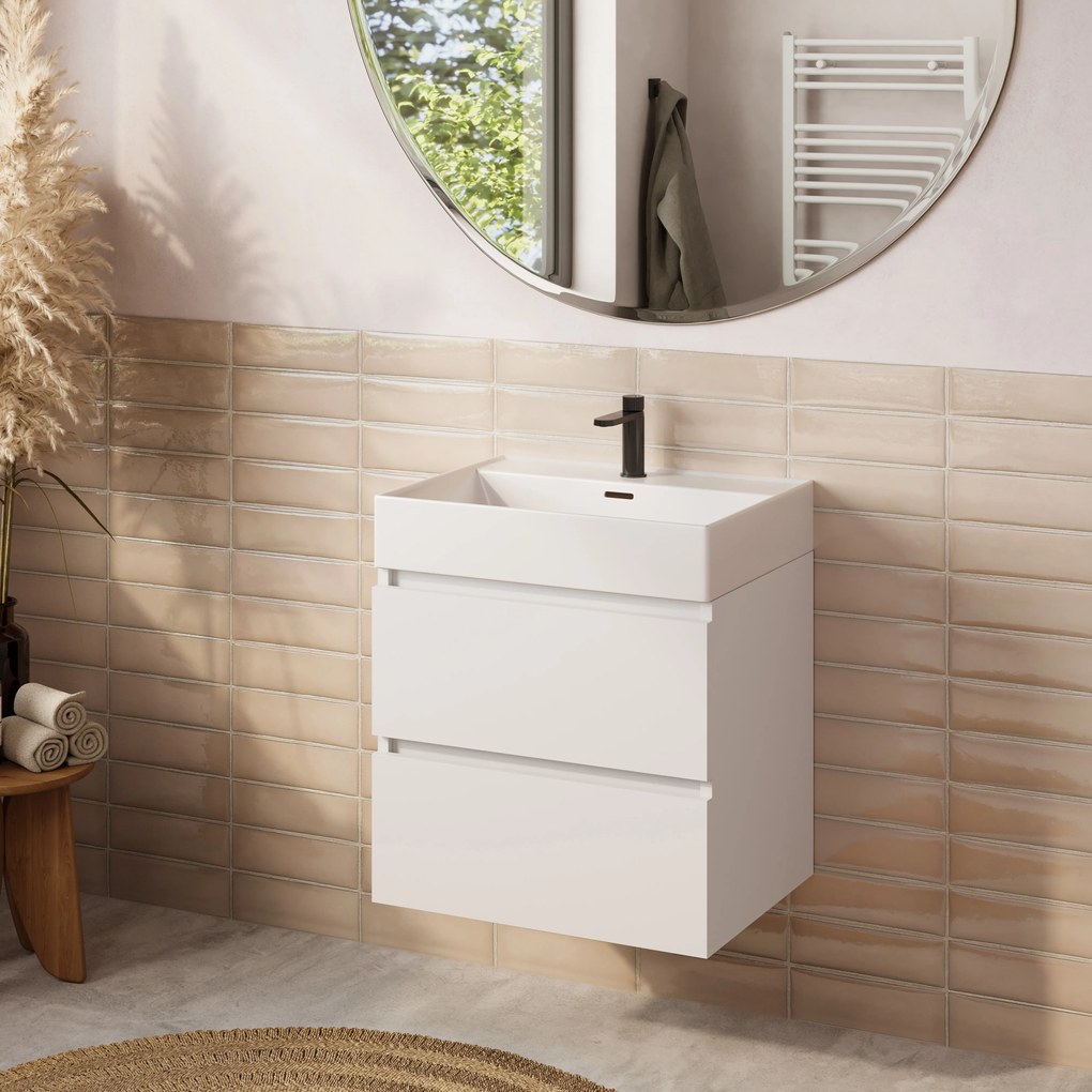 Plieger Kansas badmeubel 60cm met glans witte wastafel en kraangat wit mat