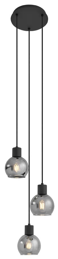Art Deco hanglamp zwart met smoke glas rond 3-lichts - Vidro