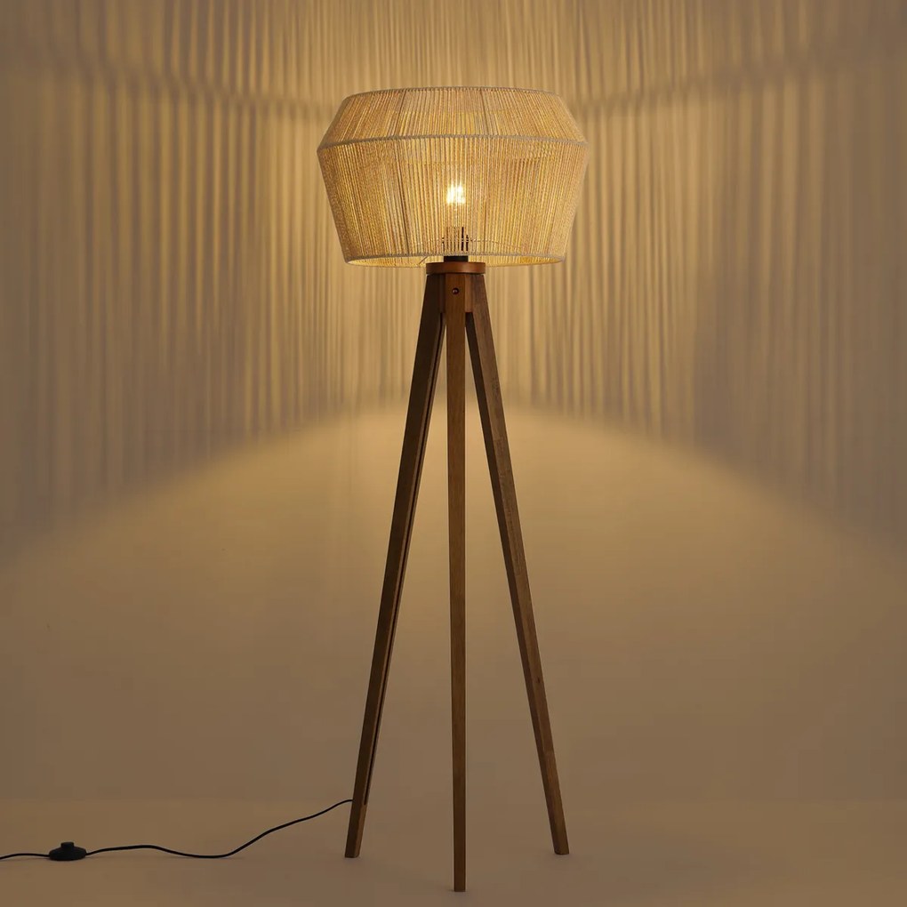 Vloerlamp vintage hout met bruine papieren touw kap 50/50/30 - Tripod Classic