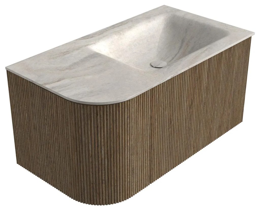 Mondiaz Kurve-dlux 85cm badmeubel ronding links dusk met 1 lade en deur en wastafel cloud rechts zonder kraangat ostra