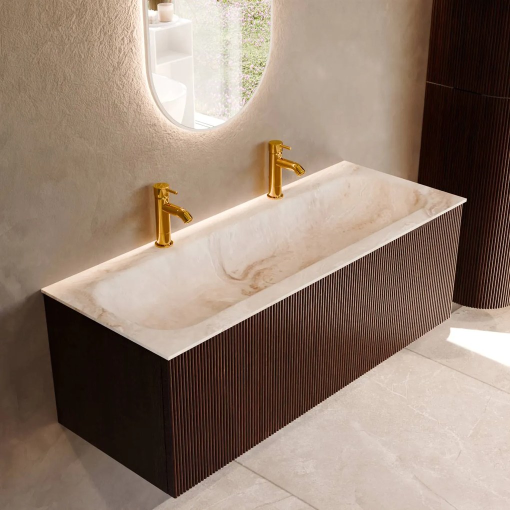 Mondiaz Kurve-dlux 120cm badmeubel ruby met 1 lade en wastafel big large midden 2 kraangaten frappe