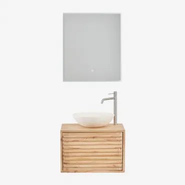 Deleyna Wandgemonteerde Houten Badkamermeubelset Natuurlijk Hout & Rond Cement Wit Ø40 Cm Zavion & Rechthoekige Led En Anticondens 60x70 Cm Tamsin -