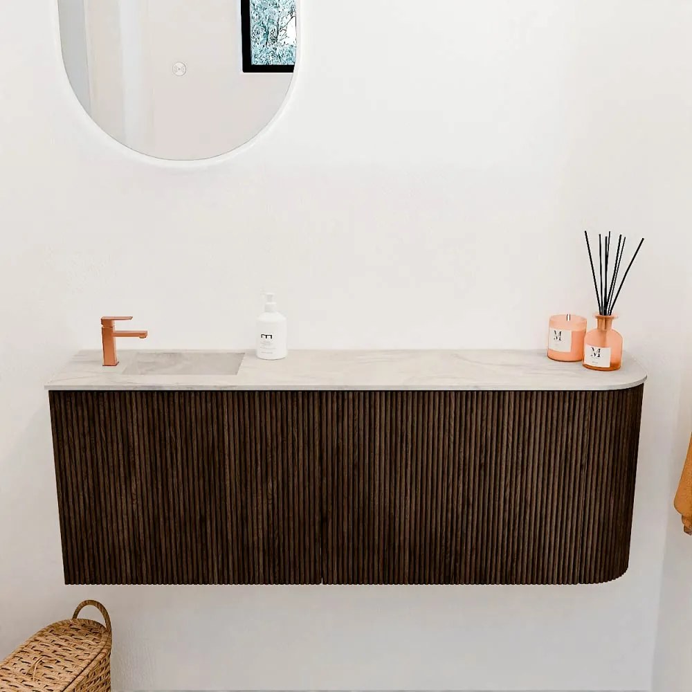 Mondiaz Joya DLux 110cm toiletmeubel ronding rechts walnut met wastafel faye links 1 kraangat ostra