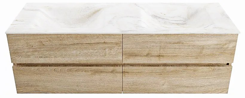 Mondiaz Vica DLux badmeubel 150cm washed oak 4 lades met wastafel ostra dubbel 2 kraangaten