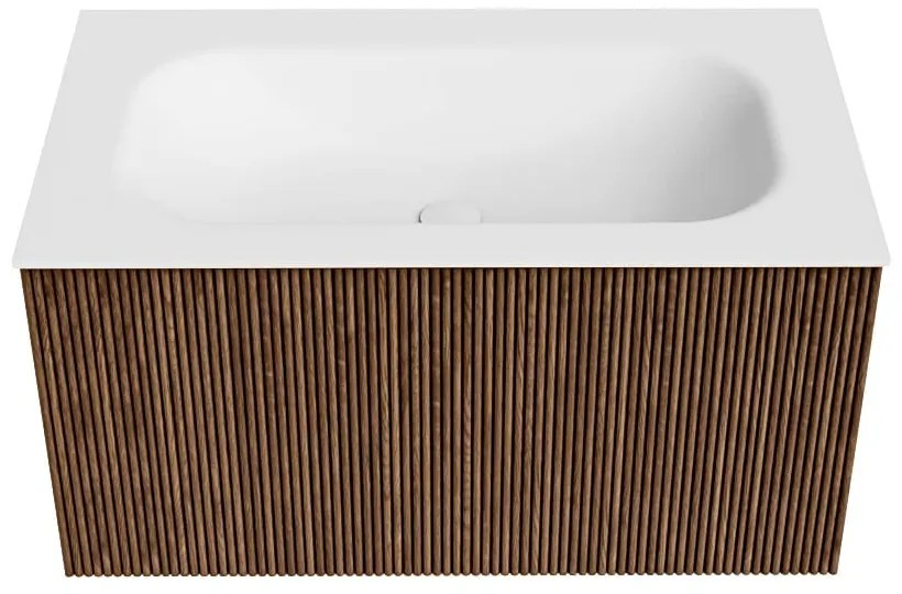 Mondiaz Kurve 80cm badmeubel walnut met 1 lade en wastafel big small midden 1 kraangat