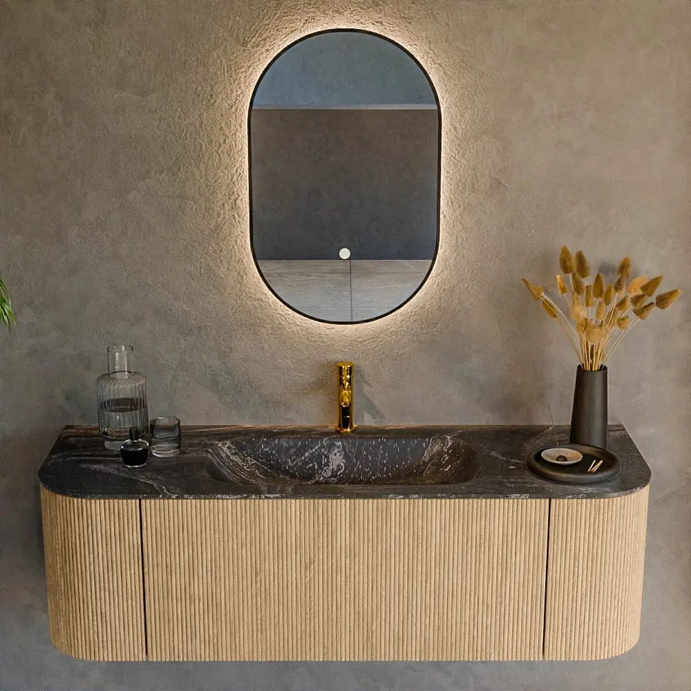 Mondiaz Kurve-dlux 140cm badmeubel ronding links/rechts oak met 1 lade en 2 deuren en wastafel big small midden 1 kraangat lava