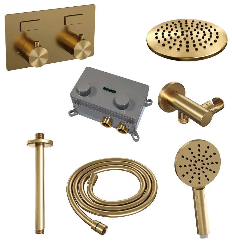 Brauer Gold Edition thermostatische inbouw regendouche met 3 standen handdouche, plafondarm en hoofddouche 20cm set 59 messing geborsteld PVD