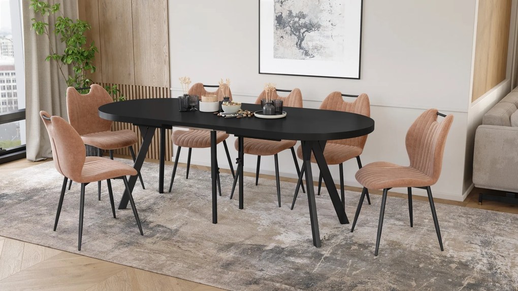 Mazzoni EXPANSO Zwart mat / zwarte poten - OVALE UITSCHUIFTAFEL 160-360 cm VOOR 16-18 PERSONEN