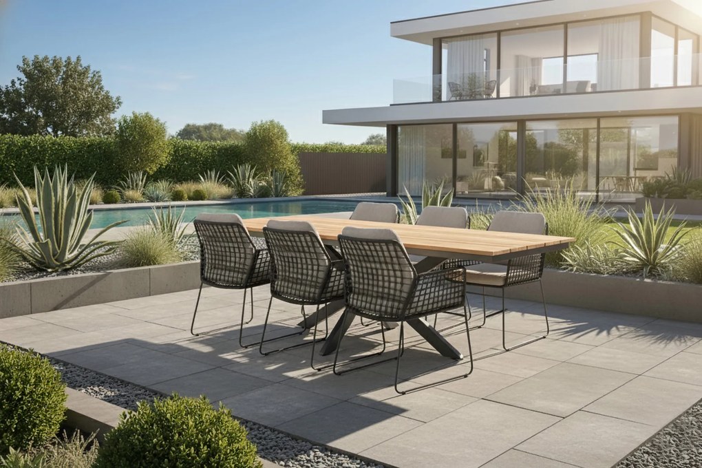 Taste by 4 Seasons Rhodos tuinset met Minerva tuintafel teak blad 220 x 95 cm SALE Tuinset houtkleur weerbestendig