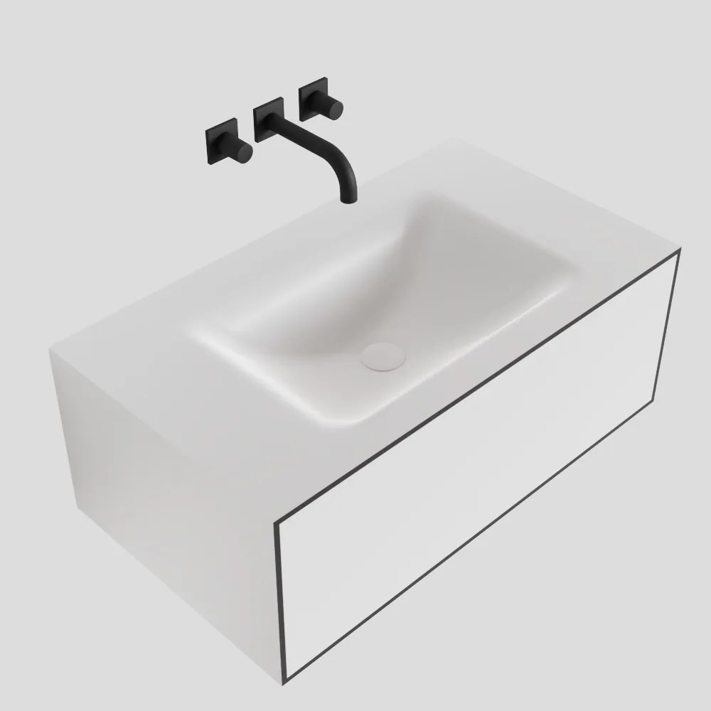 Zaro Lagom volledig naadloos solid surface onderkast 80cm mat zwart met 1 lade Push tot open. Compleet met solid surface wastafel met 0 kraangat(en)