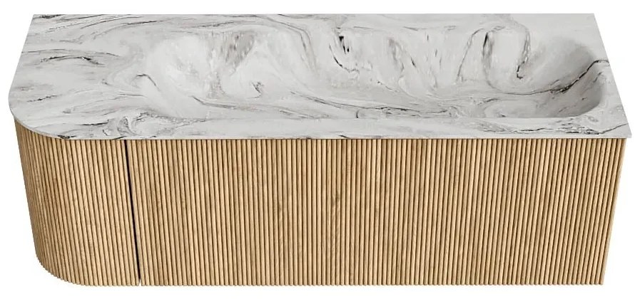Mondiaz Kurve-dlux 125cm badmeubel ronding links oak met 1 lade en deur en wastafel big medium rechts zonder kraangat glace