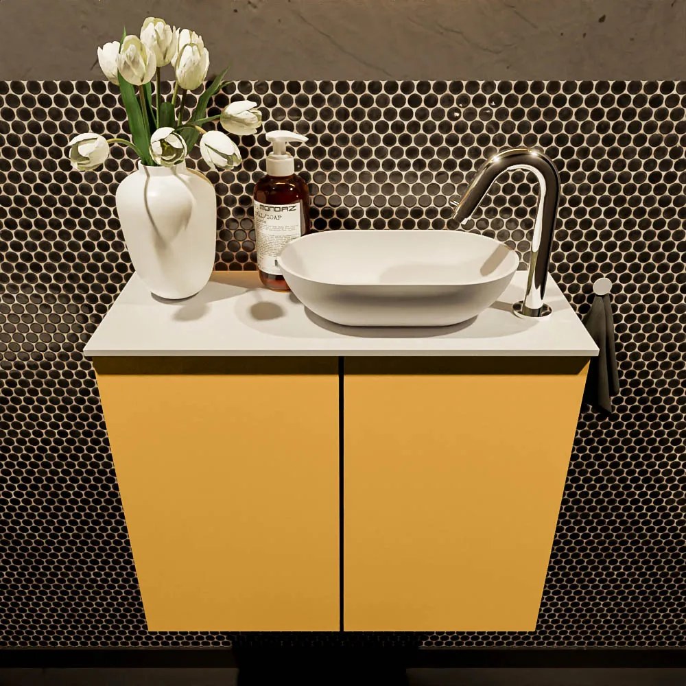 Mondiaz Fowy toiletmeubel 60cm ocher met witte waskom rechts en kraangat