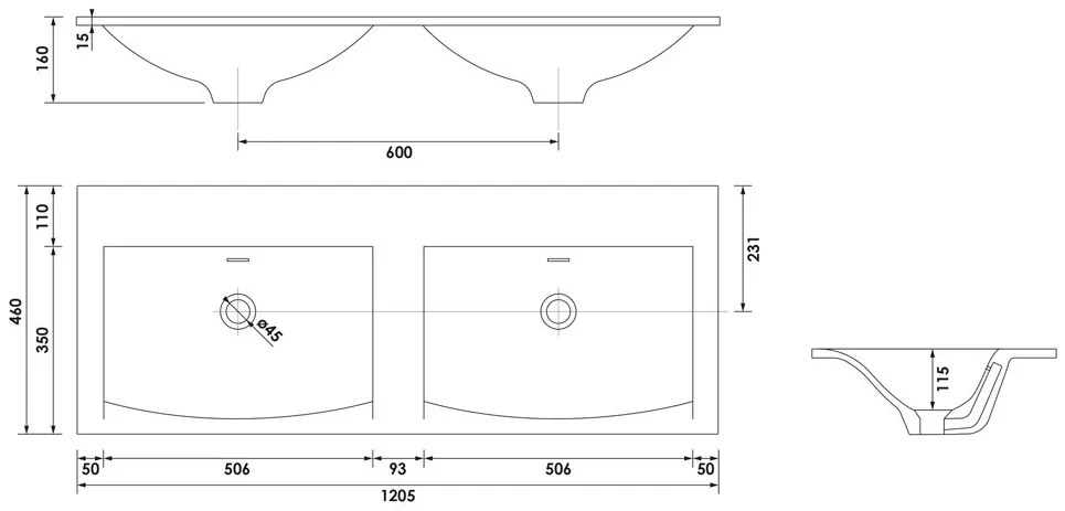 Brauer Glacier dubbele wastafel fine stone 120cm zonder kraangaten wit mat