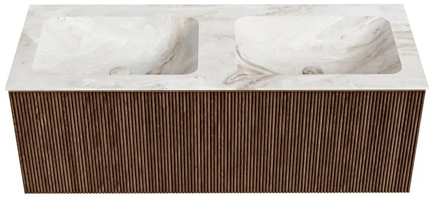 Mondiaz Kurve-dlux 120cm badmeubel walnut met 1 lade en wastafel leaf dubbel 2 kraangaten frappe