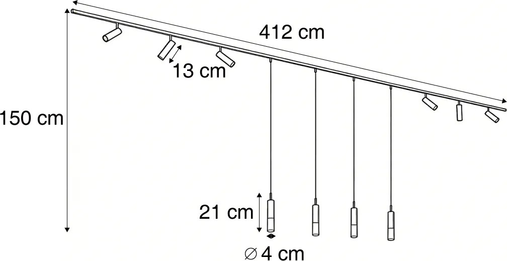 Modern railsysteem zwart met 6 spots en 4 hanglampen donker brons 1-fase - Slimline Uzzy Loyce
