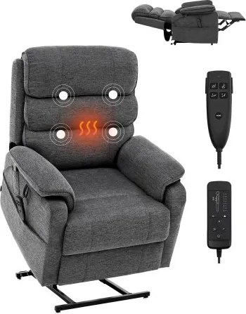 VEVOR Elektrische massagestoel met verwarming en massage voor senioren, relaxstoel met 2 motoren en 2 valbeveiligingen, traploze positieverstelling (medium, donkergrijs)