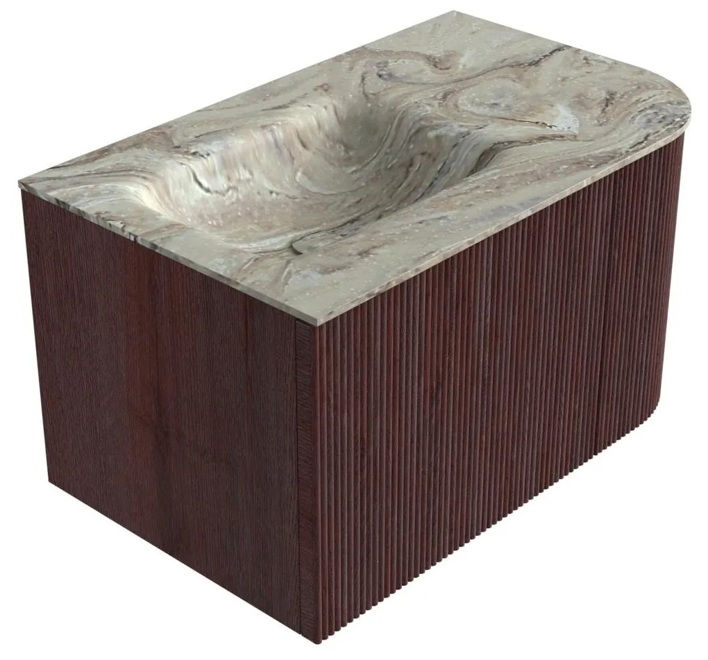 Mondiaz Kurve-dlux 75cm badmeubel ronding rechts ruby met 1 lade en deur en wastafel grunne links zonder kraangat glace