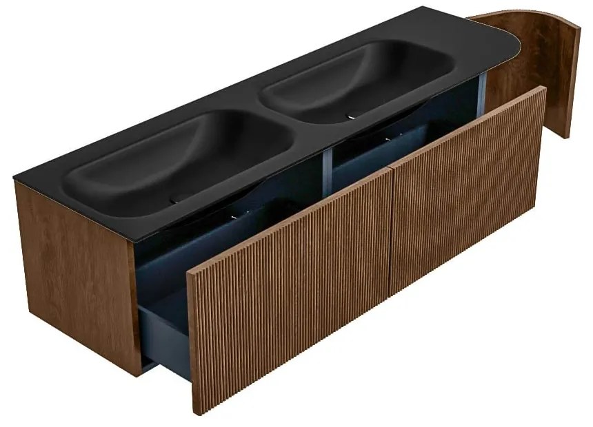 Mondiaz Kurve 165cm badmeubel ronding rechts walnut met 2 lades en 1 deur en wastafel big small dubbel/links 2 kraangaten urban