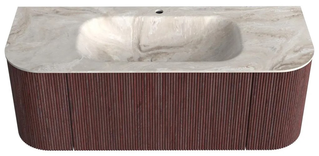 Mondiaz Kurve-dlux 120cm badmeubel ronding links/rechts ruby met 1 lade en 2 deuren en wastafel big small midden 1 kraangat frappe