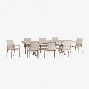 Karena Rechthoekige Uitschuifbare Tafelset 240-300x100 Cm En 8 Stapelbare Tuinstoelen Met Aluminium Armleuningen Tapioca Beige - Sklum