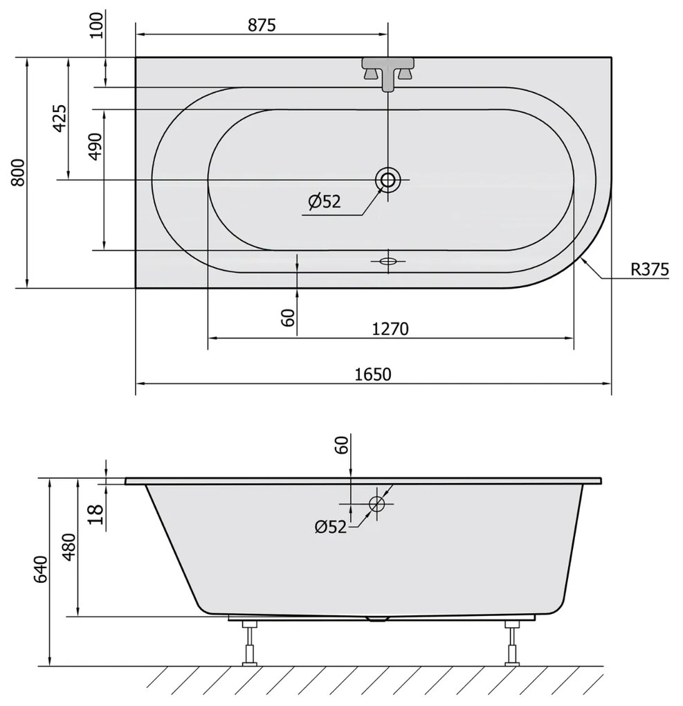 Polysan Astra Slim asymmetrisch bad links 165x80x48cm wit