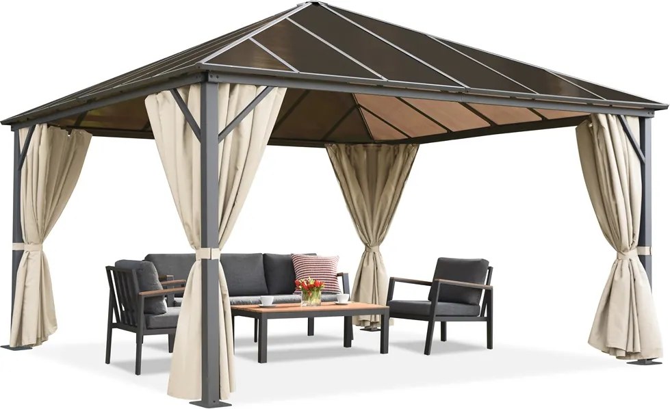 Milos tuinhuisje 4x4m met klamboe en crèmekleurige gordijnen Tuinpunt