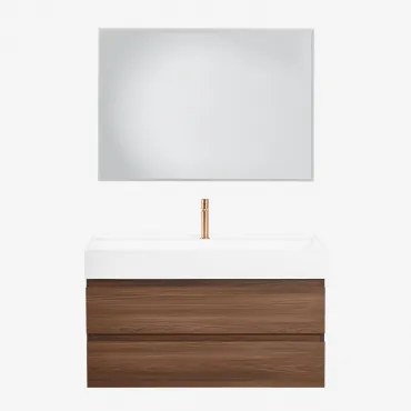 Badkamermeubelset Van Hout En Essenhoutfineer Met Geïntegreerde Wastafel Ona Donker Hout & Rechthoekige Led En Anticondens 100x70 Cm Tamsin - Sklum