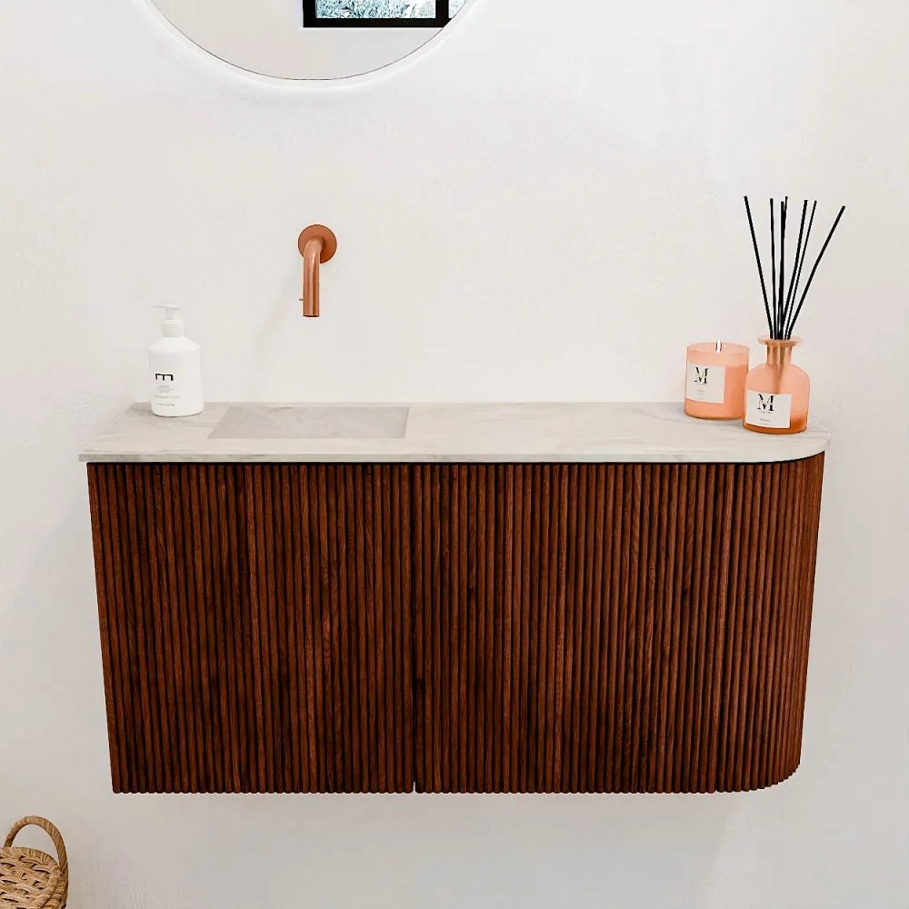 Mondiaz Joya DLux 80cm toiletmeubel ronding rechts ruby met wastafel faye links zonder kraangat ostra