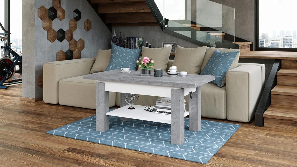 BRAVO beton / wit - salontafel met plank, OPKLAPBAAR VERHOOGD