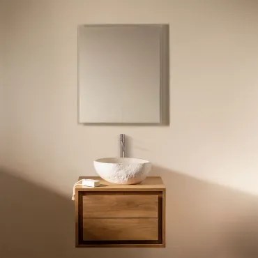 Jabari Zwevend Badkamermeubelset Van Teakhout Teakhout & Onregelmatige In Wit Cement ↔︎40 Cm Fedro & Rechthoekige Led En Anticondens - Sklum