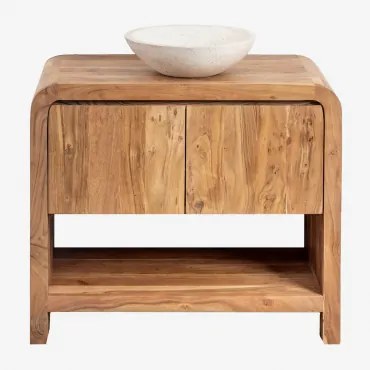 Vacry Houten Badkamermeubelset Acacia Bruin & Rond Cement Wit Ø40 Cm Zavion & Spiegelloze & Zonder Kraan & ↔︎ 90 Cm - Sklum