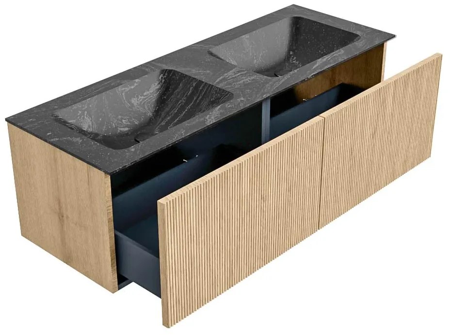 Mondiaz Kurve-dlux 130cm badmeubel oak met 2 lades en wastafel leaf dubbel zonder kraangat lava