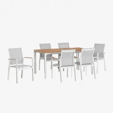 Katiana Rechthoekige Tafelset Van Aluminium En Teakhout (160x90 Cm) En 6 Elvira Aluminium Tuinstoelen Wit - Sklum