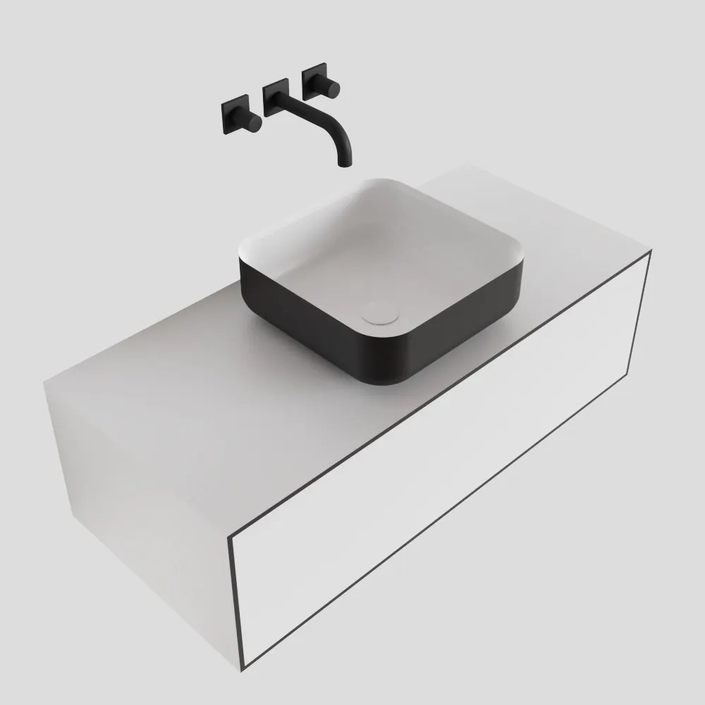 Zaro Lagom volledig naadloos solid surface onderkast met topblad 100cm mat zwart met 1 lades Push tot open. Compleet met solid surface opzetkom met 0 kraangat(en)