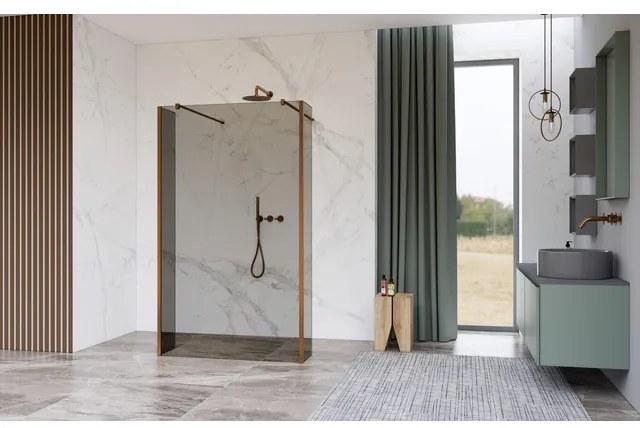 Fortifura Galeria Vrijstaande Inloopdouche - 110x200cm - Rookglas - antikalk - 8mm veiligheidsglas - wandsteunen - Geborsteld koper PVD (Koper) SW927772 2x/SW915252
