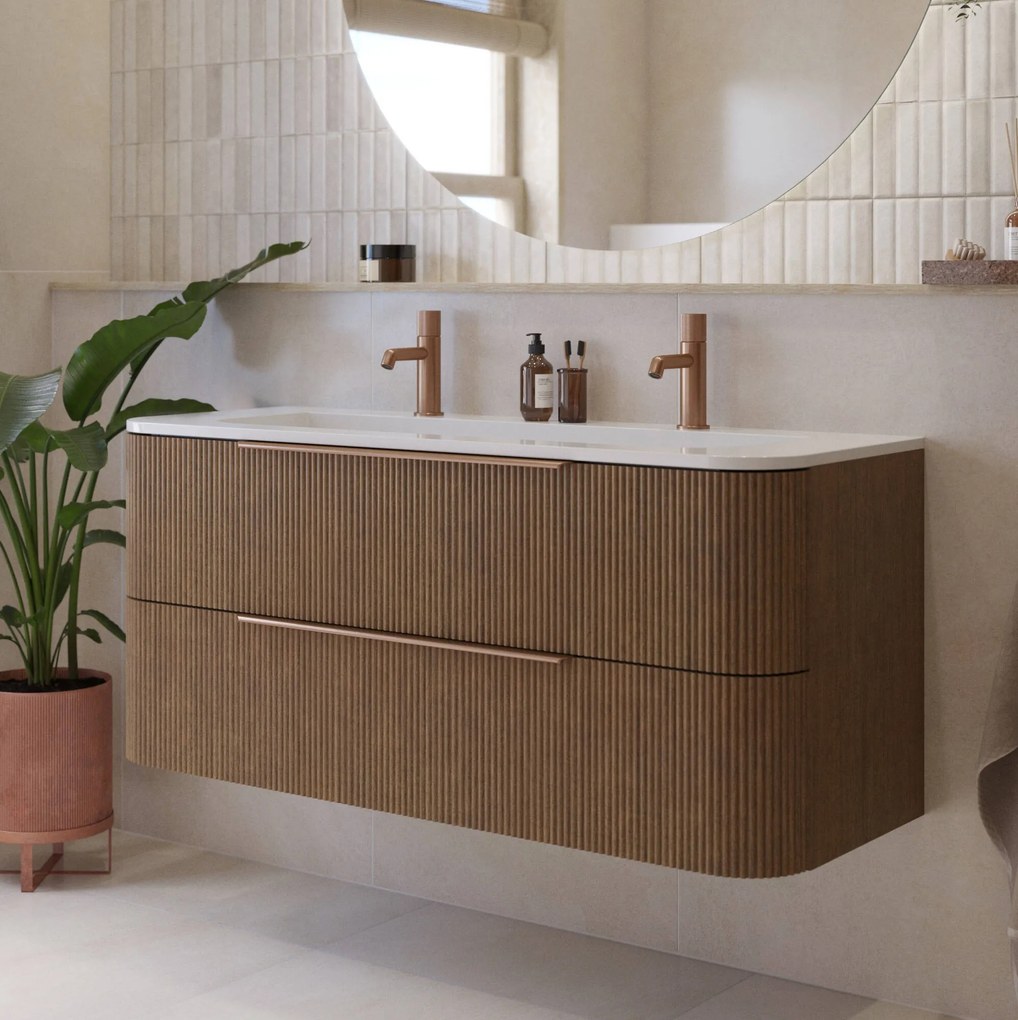 Saqu Olivo badmeubel incl. keramische wastafel 120x45x53,7 fineer terra ribbel - koperen greep