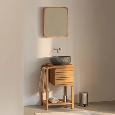 Bradley Teakhouten Badkamermeubelset Onregelmatige In Zwart Cement ↔︎40 Cm Fedro & Rechthoekig Met Afgeronde Hoeken En Opbergruimte - Sklum