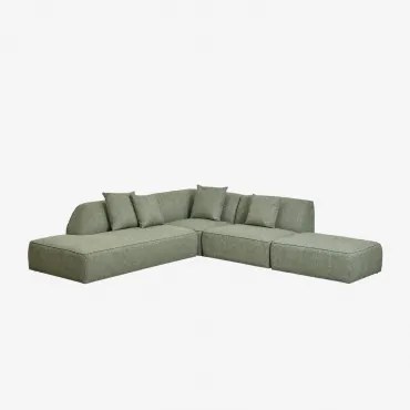 Cardea 3-delige Modulaire Hoekbank Met Chaise Longue Links En Gestoffeerde Poef Bouclé Groen – Salie - Sklum