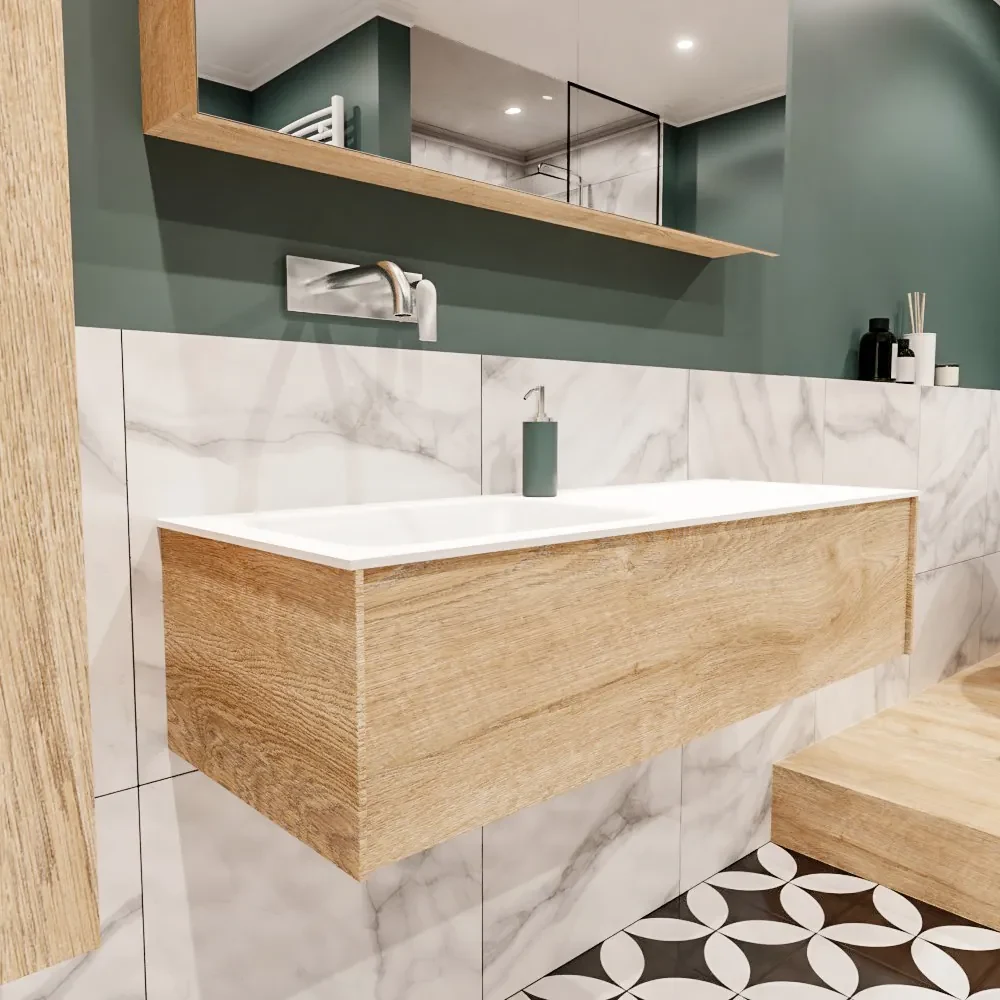 Lush onderkast 120cm in kleur WASHED OAK met 1 lade Push tot open geschikt voor linkse wastafel. Compleet met solid surface wastafel cloud M35163met 0 kraangat(en)