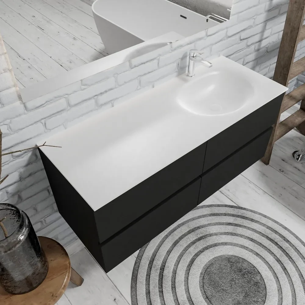 Zaro Sevilla Solid Surface badmeubel 120cm mat zwart 1 kraangat met 4 lades spoelbak rechts