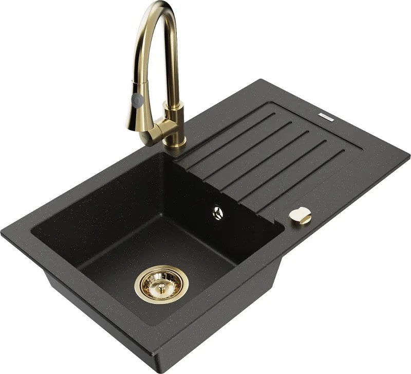 Mexen Pablo granitische gootsteen met 1 bak met afdruiprek en keukenmengkraan Elia, zwart/goud metallic - 6510-75-670101-50