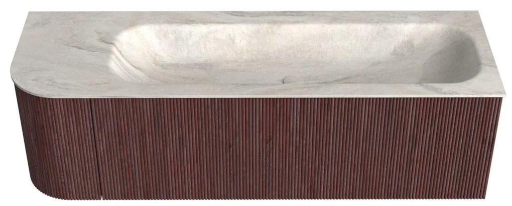 Mondiaz Kurve-dlux 145cm badmeubel ronding links ruby met 1 lade en deur en wastafel big large rechts zonder kraangat ostra