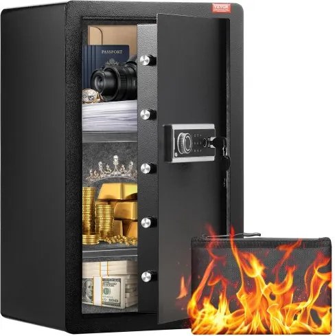 VEVOR Safe met brandwerende geldzak, kluis met één deur, 113 L, 2 scheidingswanden, digitale meubelkluis met sleutel, code en vingerafdruk, waardevolle spullen opbergdoos voor geld en sieraden, zwart