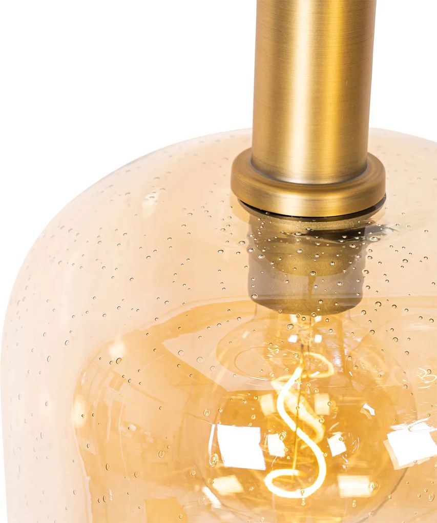 Smart hanglamp zwart met messing en amber glas 3-lichts incl. 3 Wifi G95 - Zuzanna