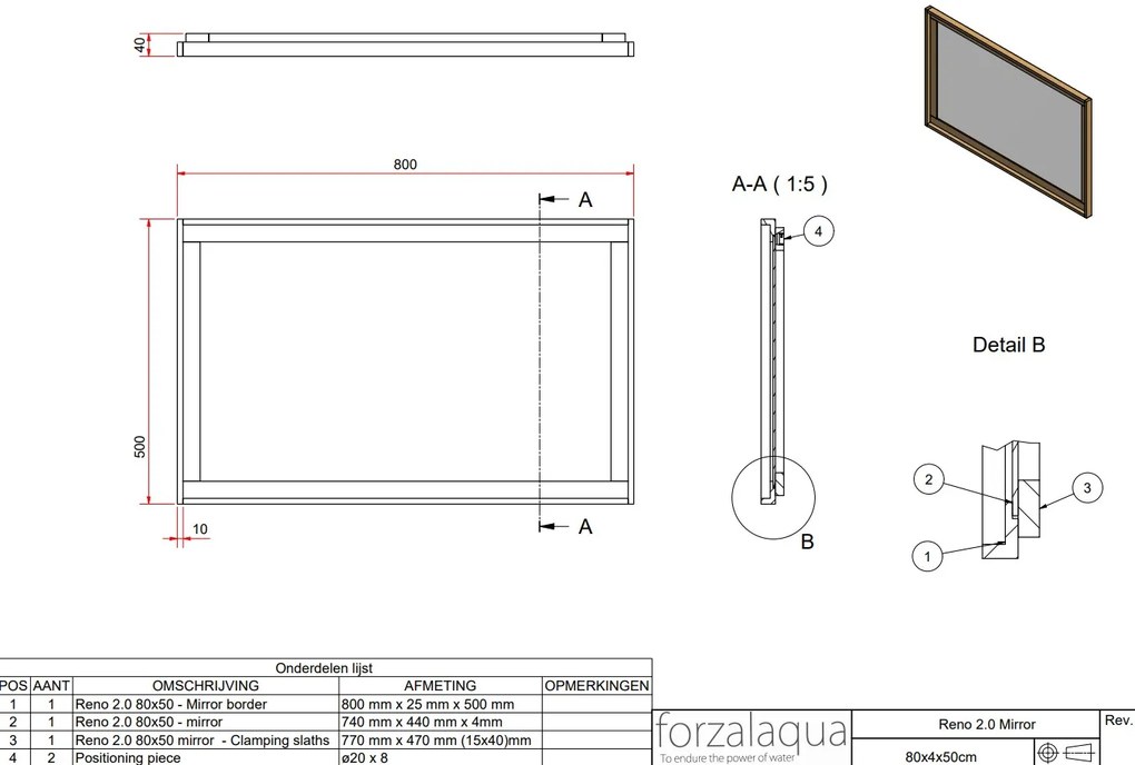 Forzalaqua Reno spiegel 80x50cm black oiled