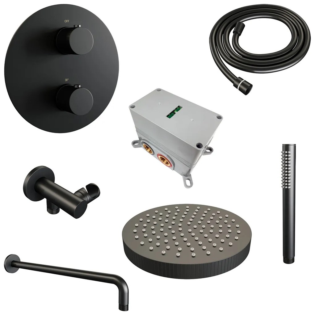 Brauer Stripe inbouw regendouche rond met 25cm hoofddouche, gebogen muurarm en staafhanddouche set 38 zwart mat