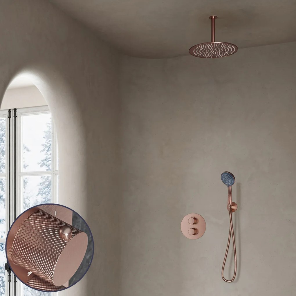 Saniclear Copper Curved inbouw regendouche rond met 30cm hoofddouche, plafondarm en 3 standen handdouche geborsteld koper