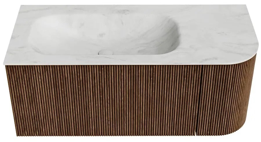 Mondiaz Kurve-dlux 105cm badmeubel ronding rechts walnut met 1 lade en deur en wastafel big small links zonder kraangat opalo