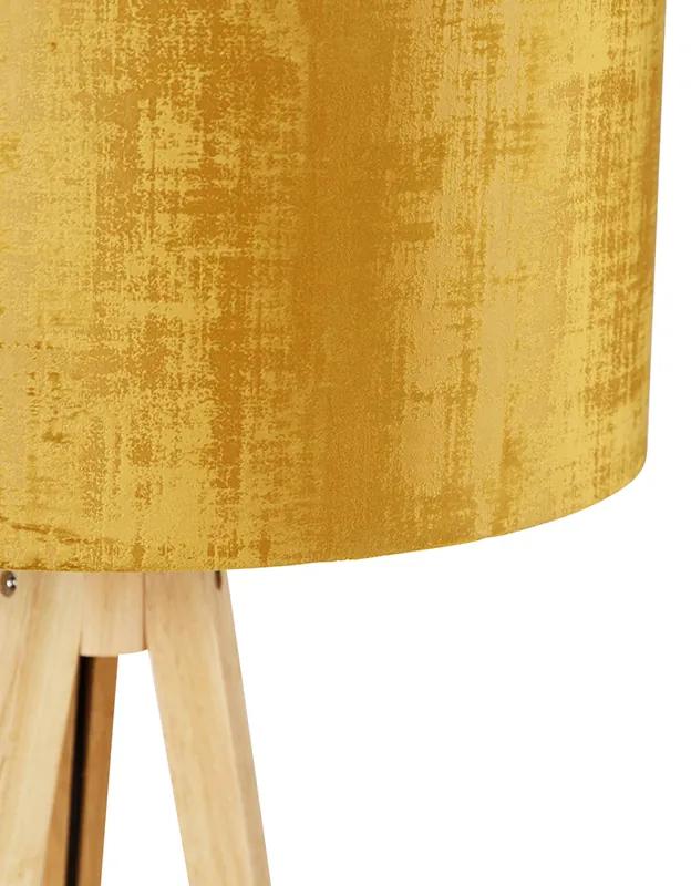 Vloerlamp hout met stoffen kap goud 50 cm - Tripod Classic Modern E27 rond Binnenverlichting Lamp